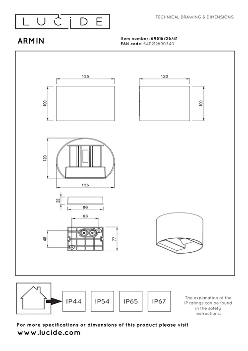 Lucide ARMIN - Foco de pared / Lámpara de pared Baño - LED Regul. - CCT - 2x3,5W 2200K/3000K - IP54 - Taupe - Essential - técnico